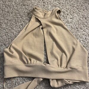 Beige Halter Neck Ribbed Top